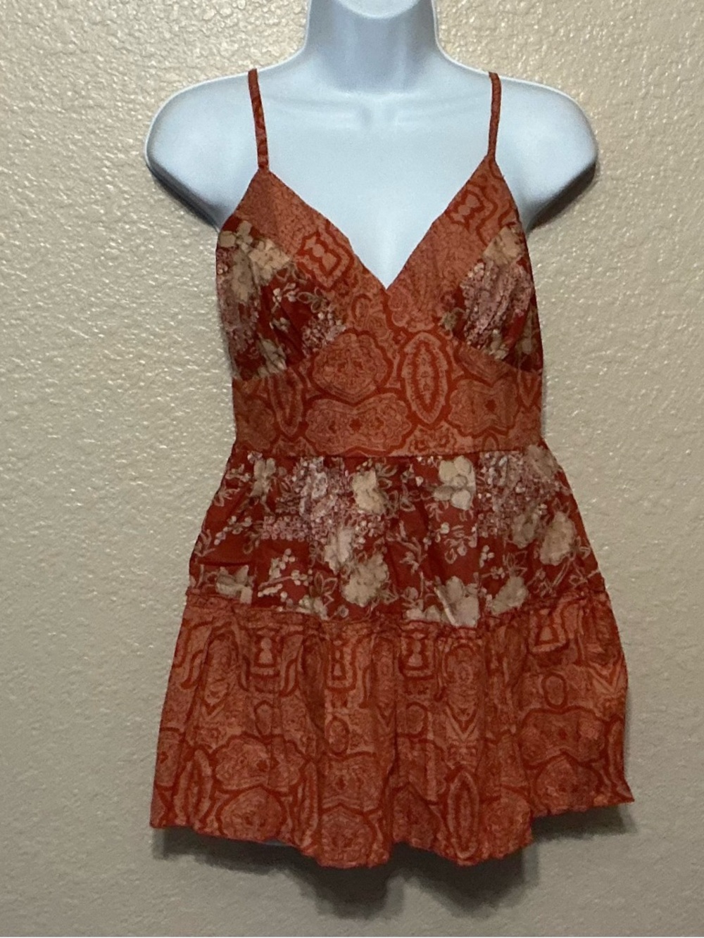 Nolita Boho Rust Orange Floral Print Spaghetti Strap Top
